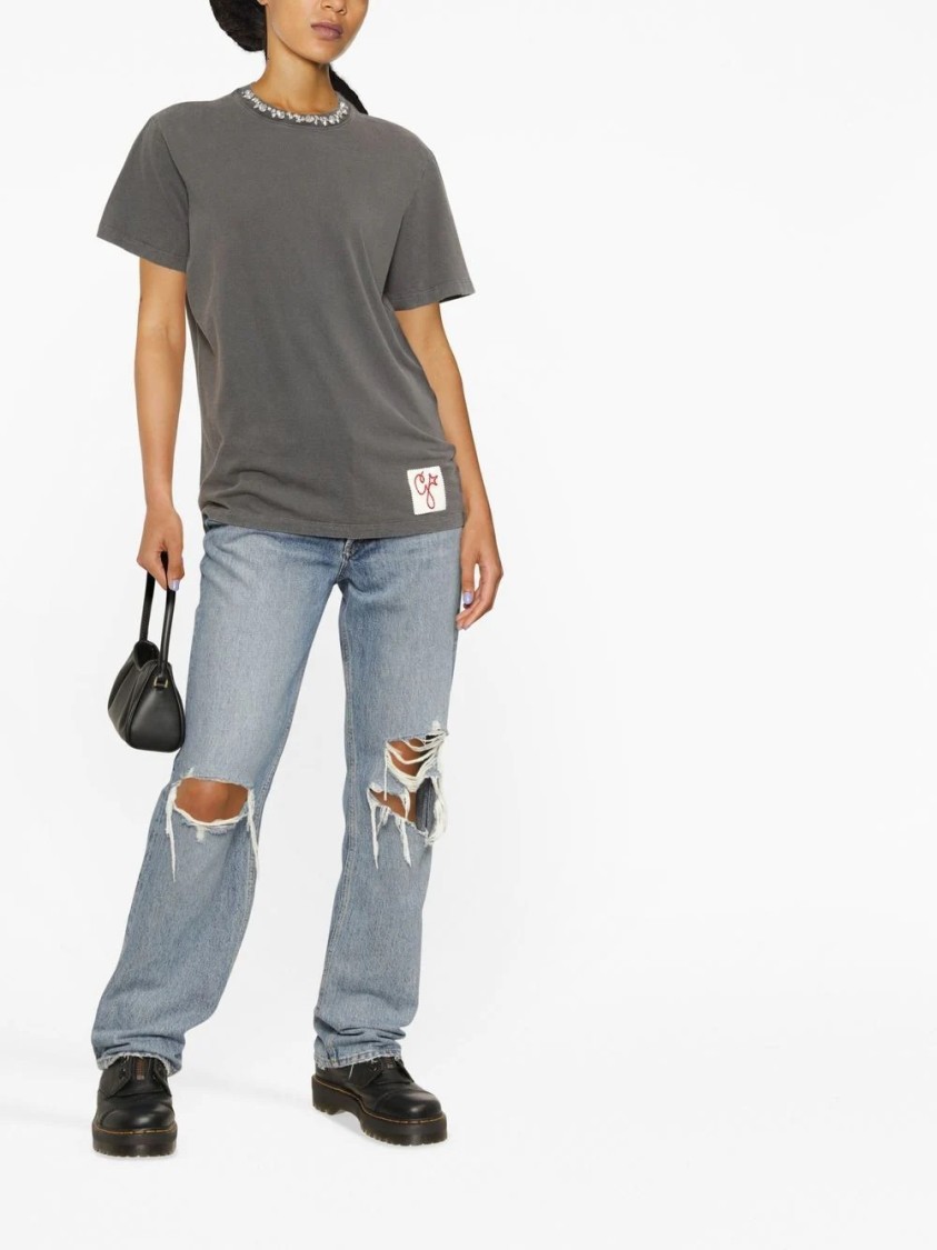 Golden Goose Golden Collection T-shirt In Anthracite Gray With Cabochon Crystals In Gray
