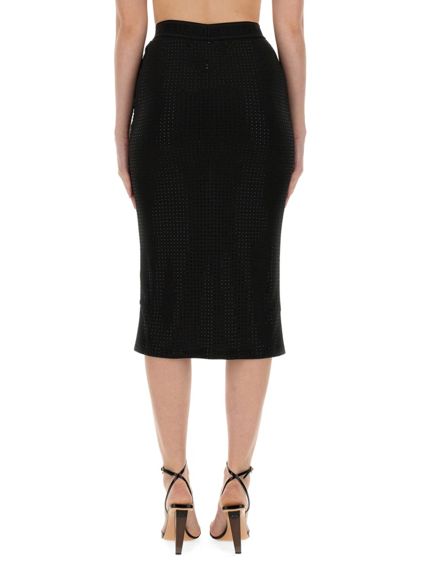 Versace Jeans Couture Black Midi Skirt With Logo Waistband In Black