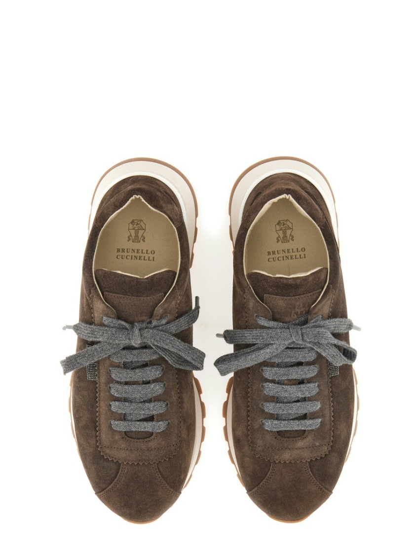 Brunello Cucinelli Brown Low Top Sneakers With Monil Detail On The Side And Embossed Logo Lettering On The Rear In Leat In Gray