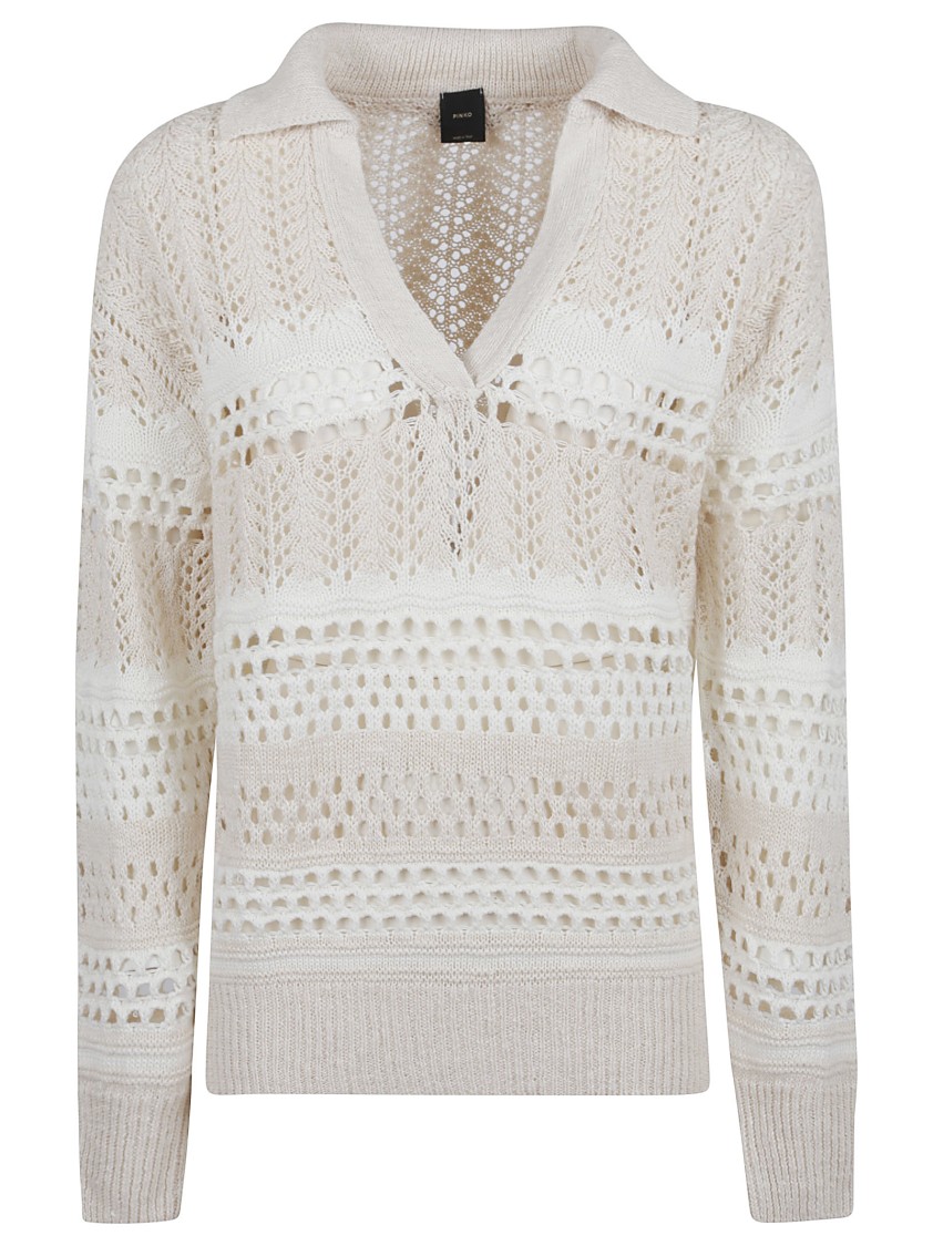 Pinko Textured Knit White Sweater With Stylish Collar In White
