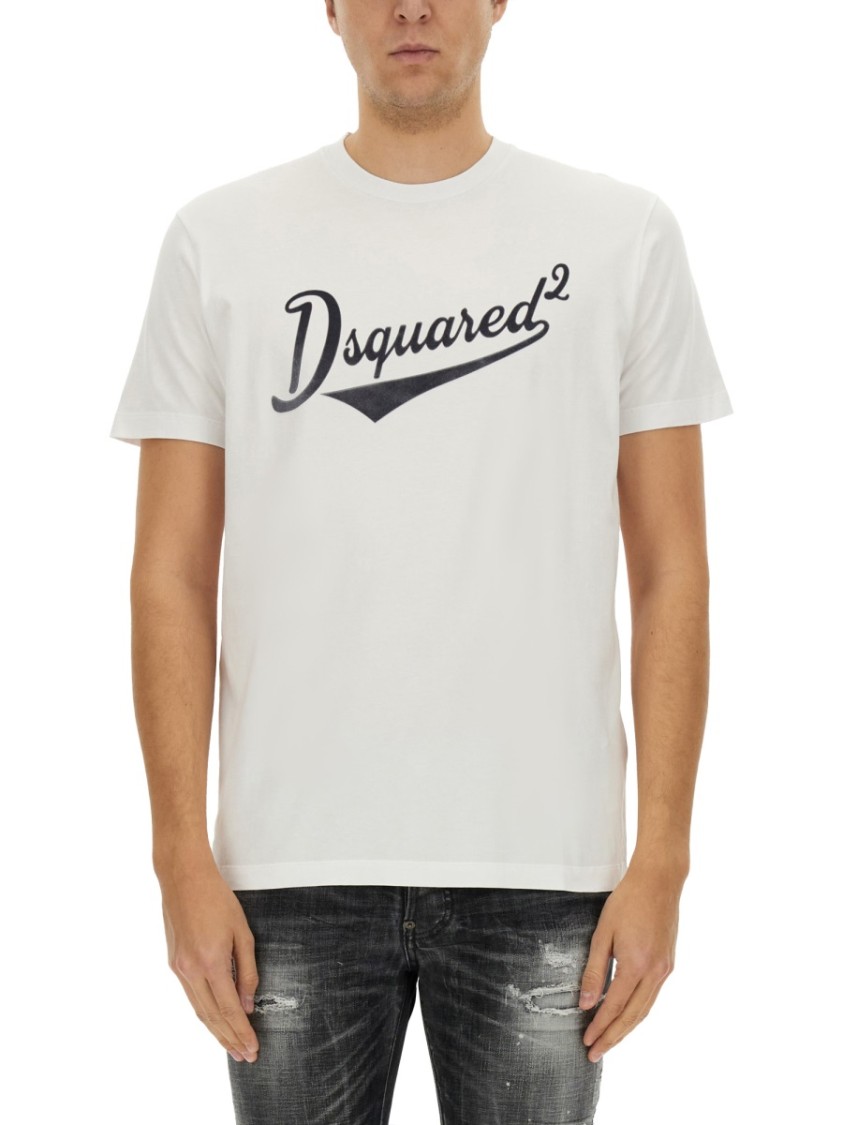 Dsquared2 White T-shirt With Logo Print On The Front In Cotton Man In White