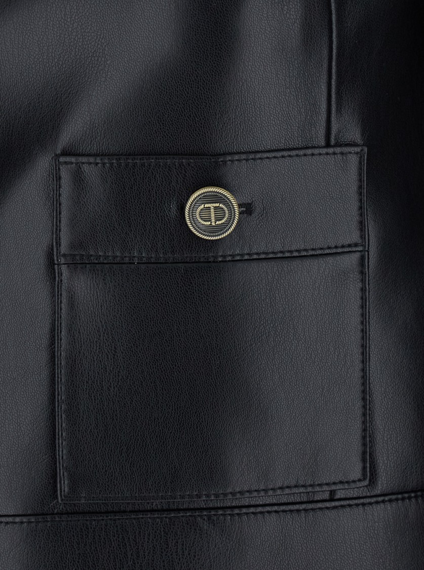 Shop Twinset Twin-set Black Crewneck Jacket With Logo Buttons In Leather