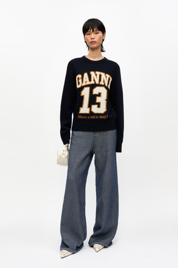 Ganni Women Logo Graphic Baseball Wool Mix Sweater