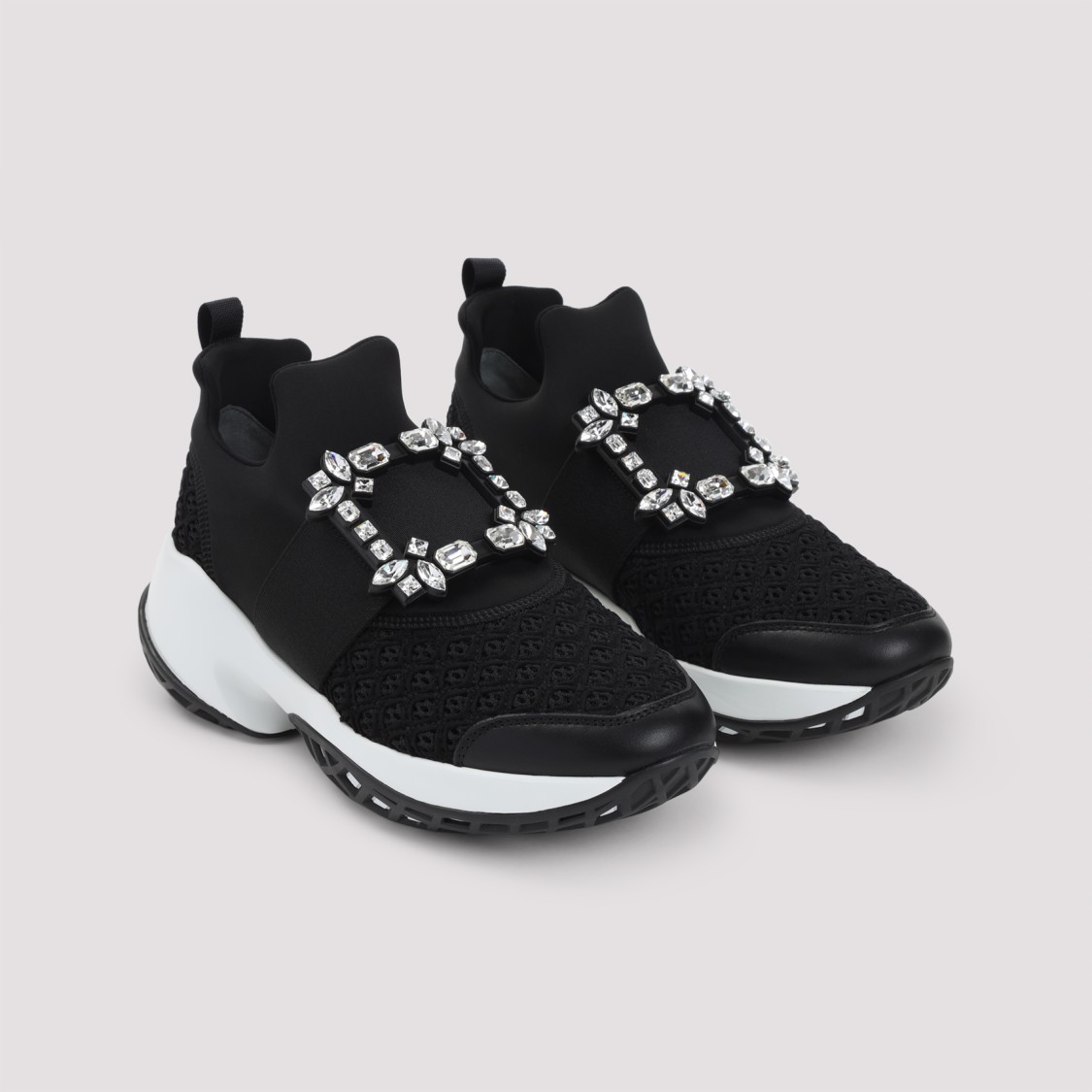 Roger Vivier Roger Viv Mesh Crystal Embellished Slip On Sneakers In Black Nylon