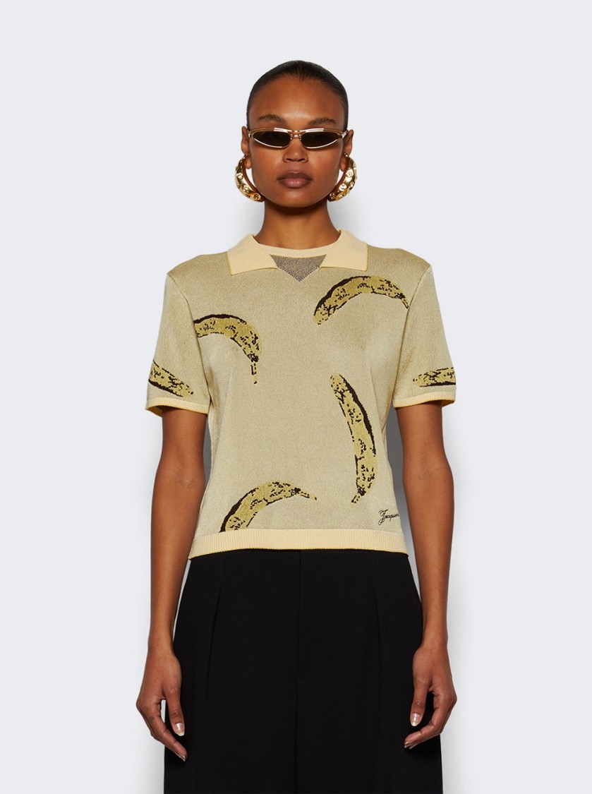 Jacquemus Womens Banana Jacquard Yellow The Marino Banana-print Woven-knitted Polo Top