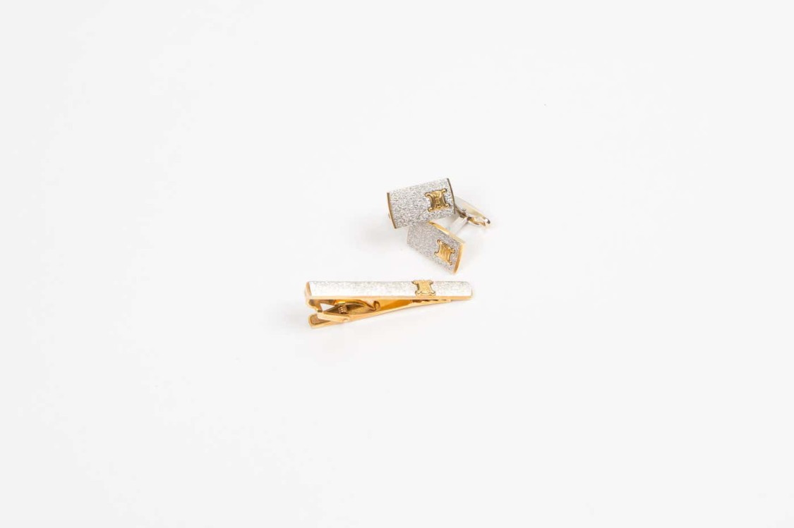 Celine Gold-tone "triomphe" Cufflinks And Tie Link Set In Gold