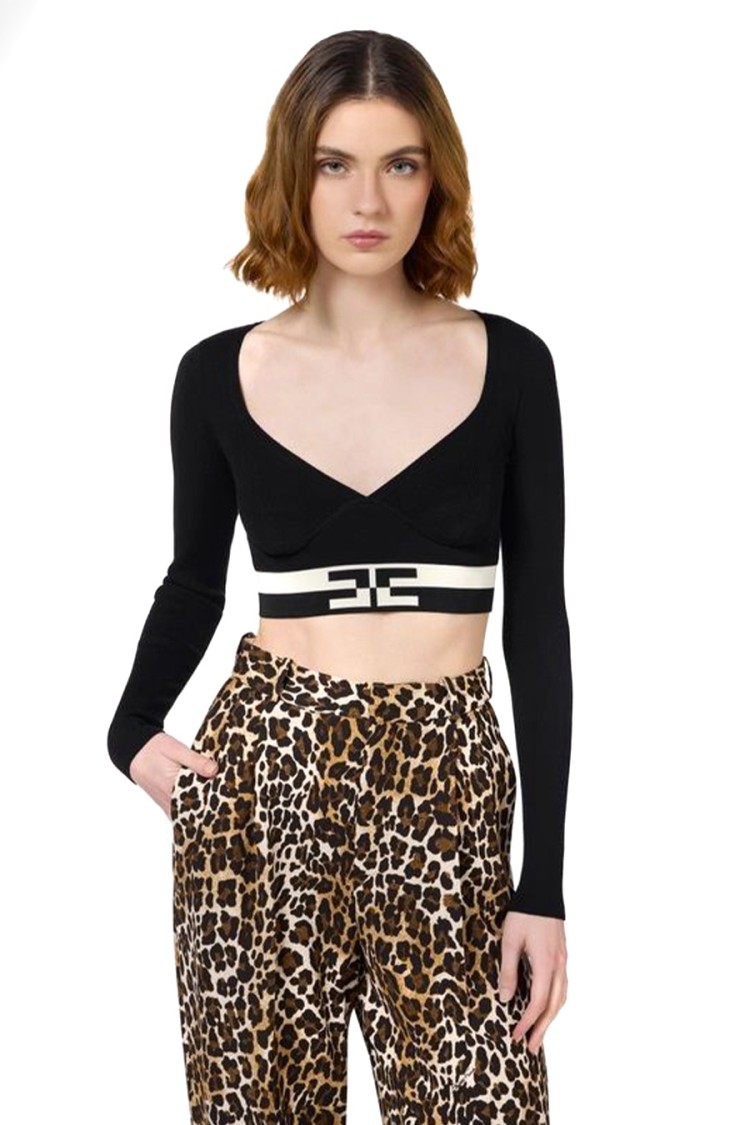 Elisabetta Franchi Fitted Multicolor V-neck Sweater With Contrasting Waist Band