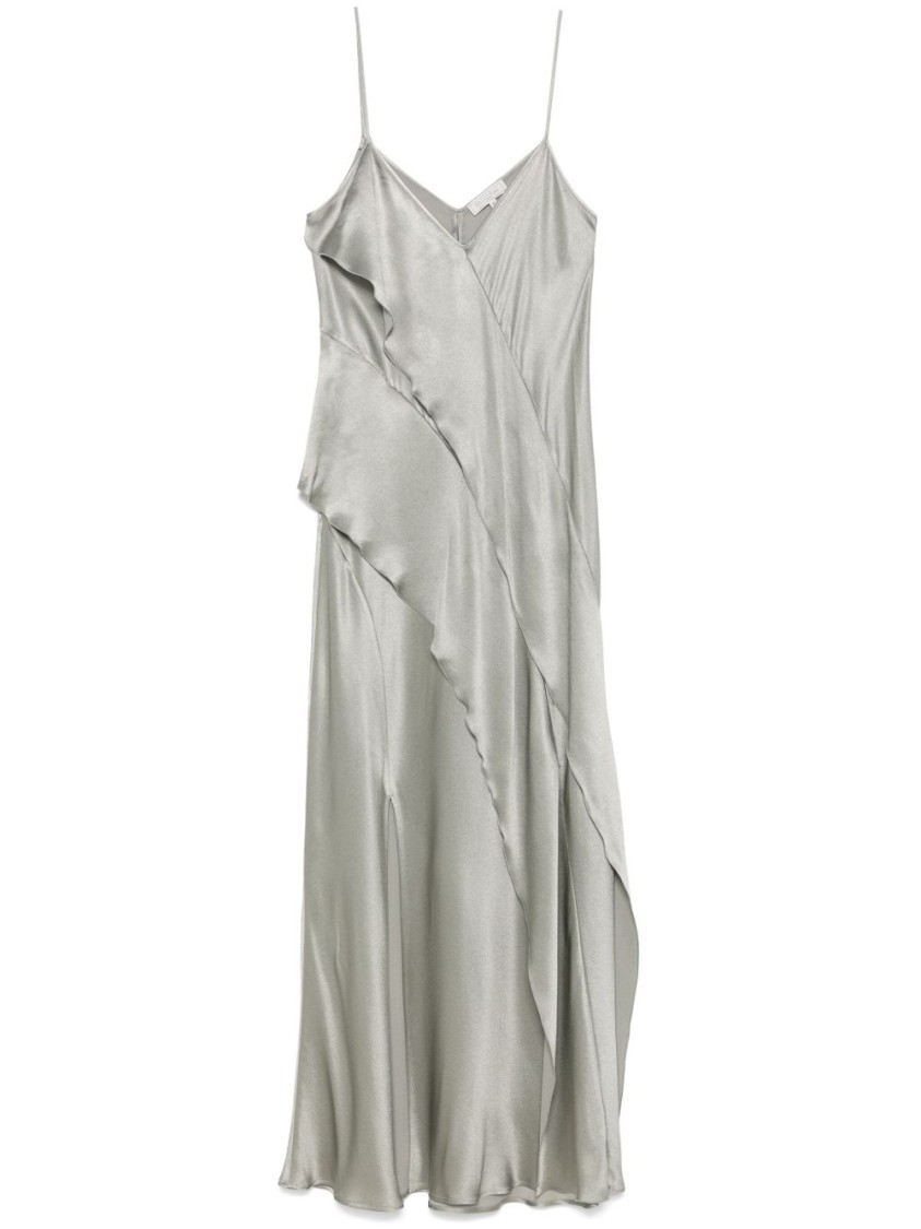 Antonelli Luisiana Green Dress With Spaghetti Straps And Front Ruffle In Satin Woman