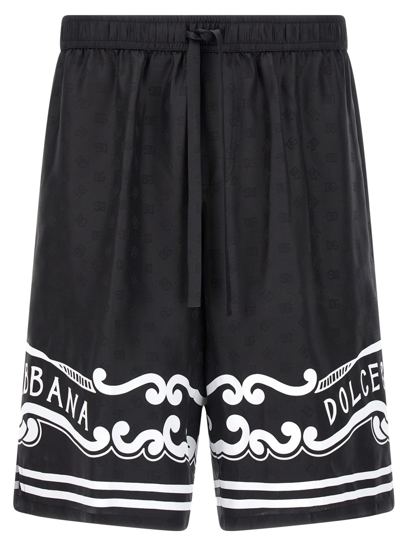 Dolce & Gabbana Black Bermuda Pants With Drawstring Elastic Waist And Maxi Print In Silk Man In Black