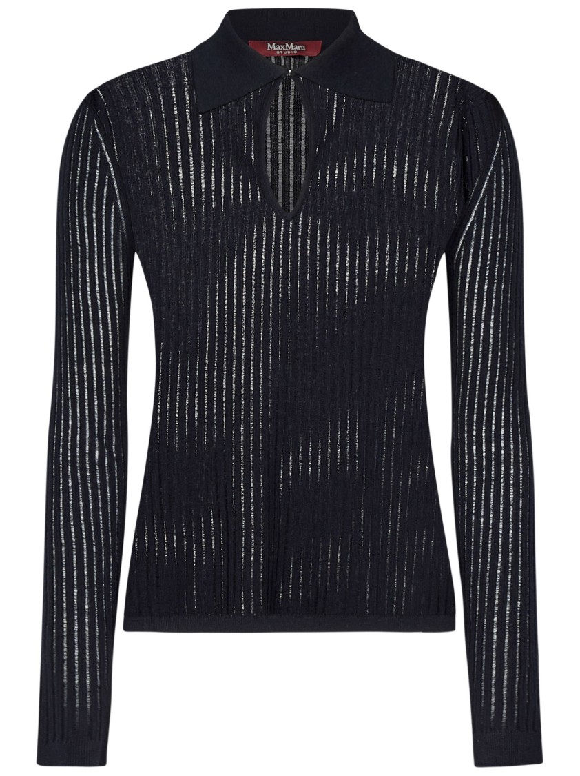 Max Mara Long-sleeved Black Silk And Wool Knit Polo Shirt In Black