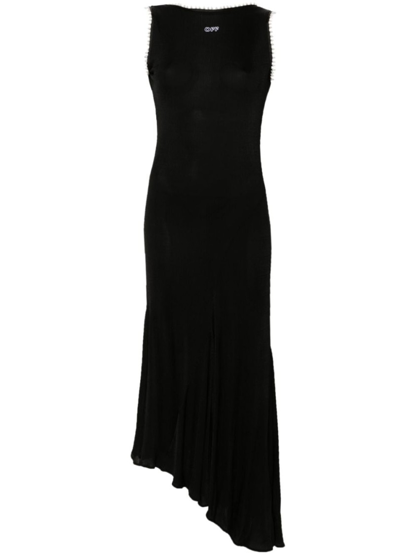 Off-white Logo-embroidered Black Dress With Faux-pearl Detail