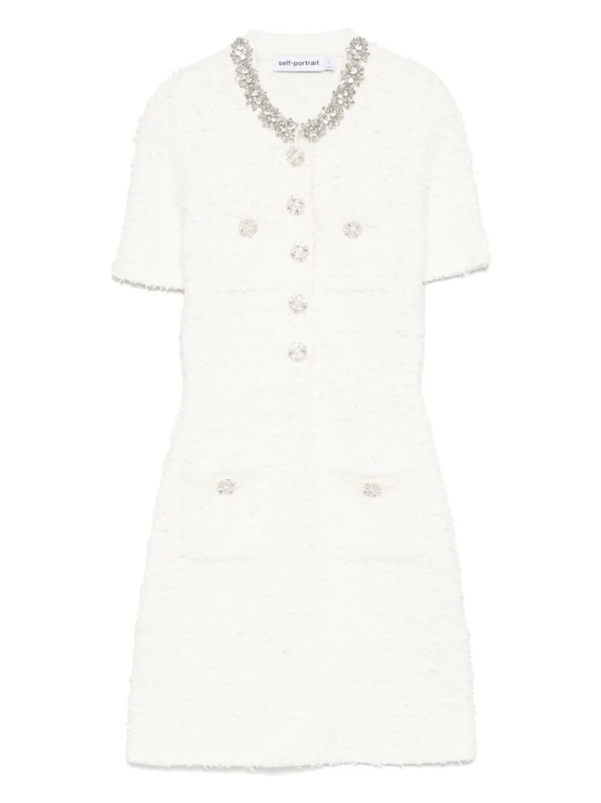 Self-portrait Mini Dress With Knit Tweed Texture And Crystal Accents In White