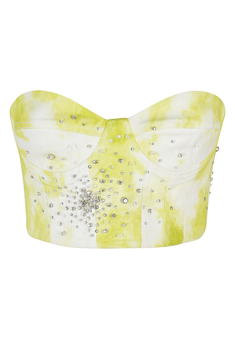 Des_phemmes Des Phemmes Tie Dye Embroidered Denim Bustier With Sweetheart Neckline In Yellow
