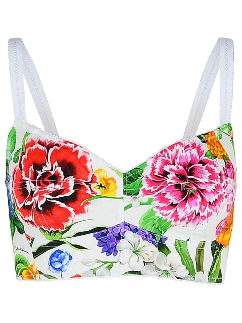Dolce & Gabbana Multicolor Top With All-over Floral Motif And Adjustable Shoulder Straps In Cotton Blend Woman In Multicolor