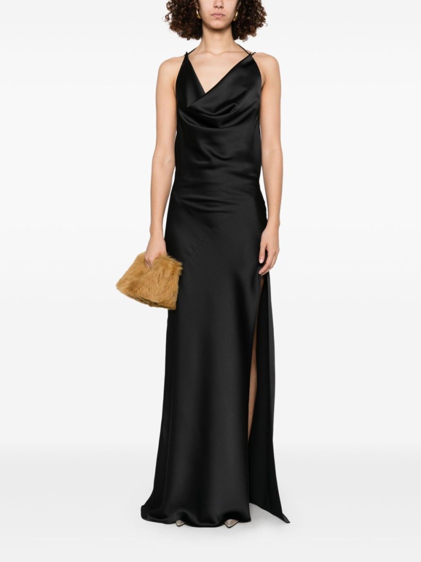 The Andamane Flowing Evening Dress With Deep Cowl Neckline In Black