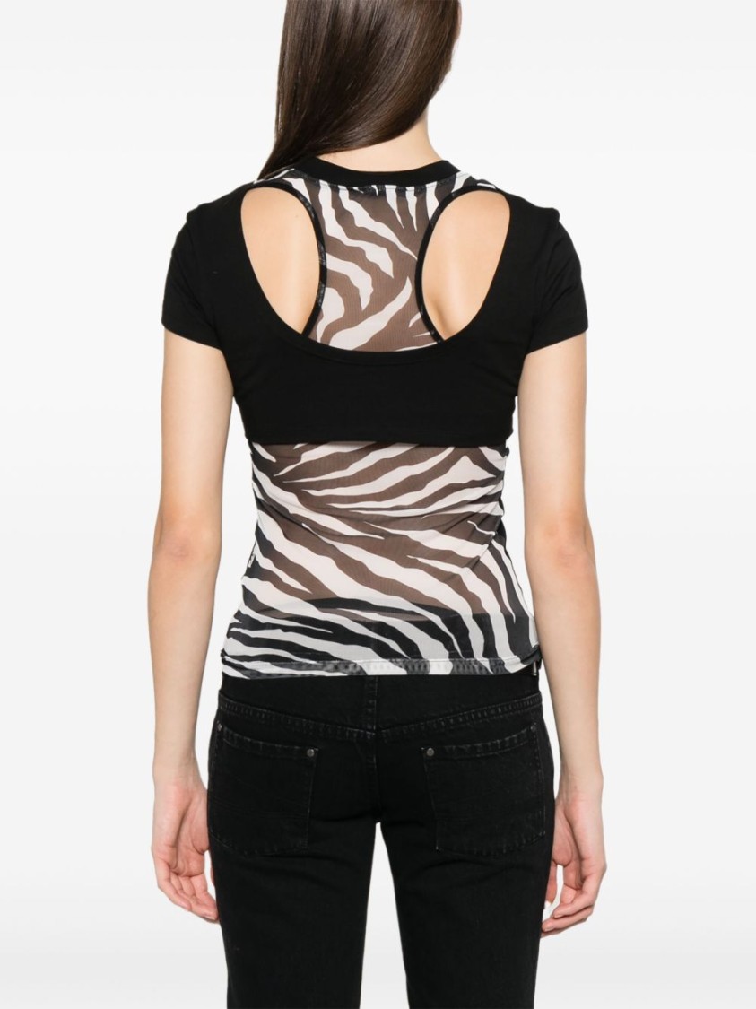 Shop Versace Jeans Couture Black T-shirt With Zebra Print Sheer Panel