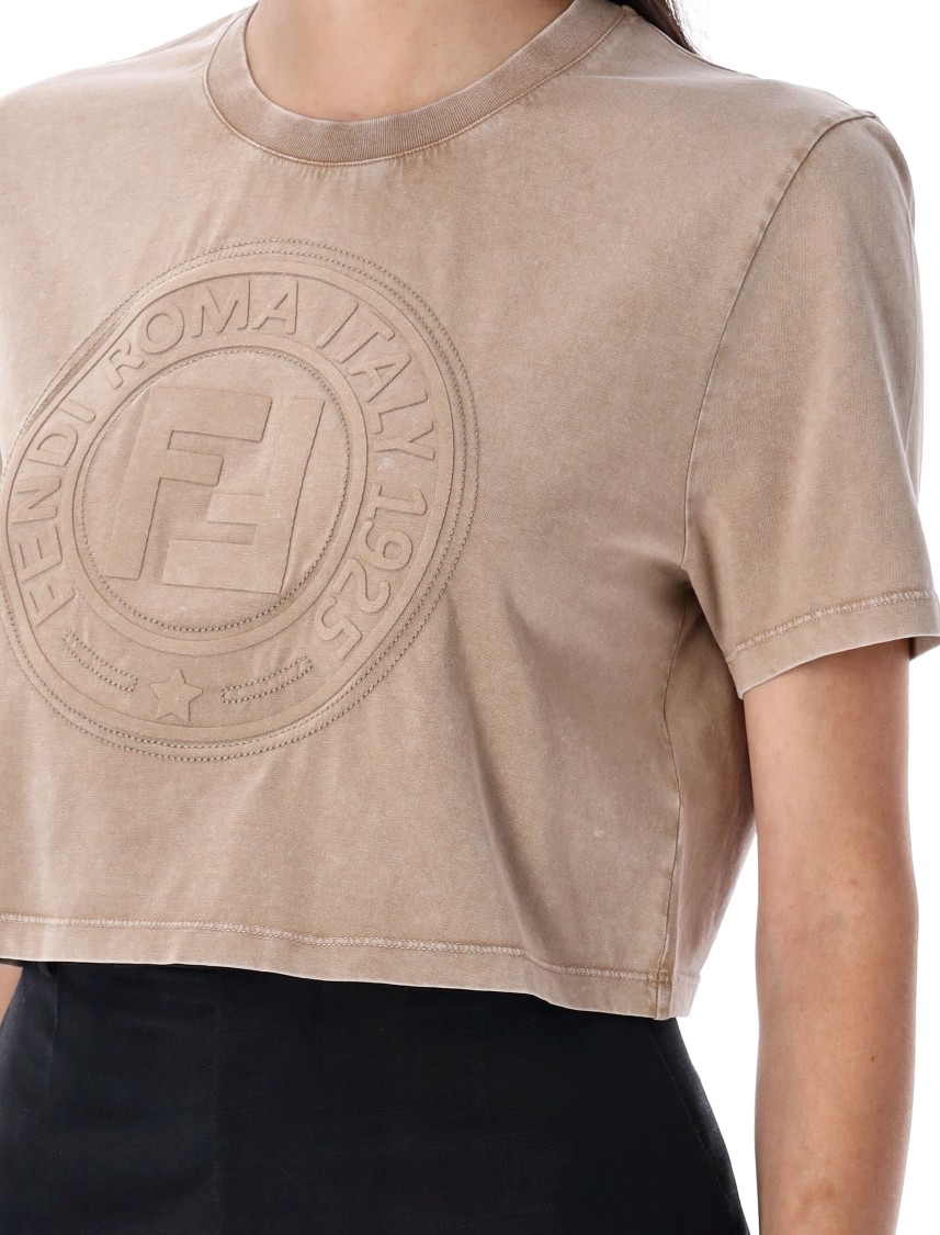 Fendi Cropped T-shirt With Embossed Logo In Brown