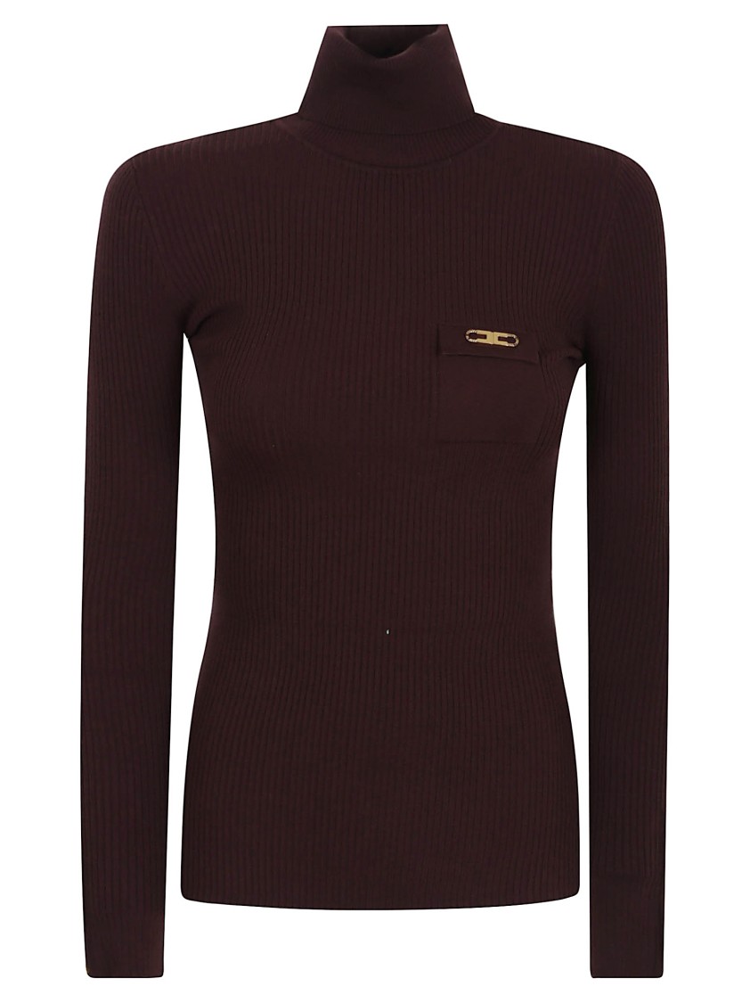 Elisabetta Franchi Ribbed Turtleneck Sweater With Satin Pocket Detail In Red