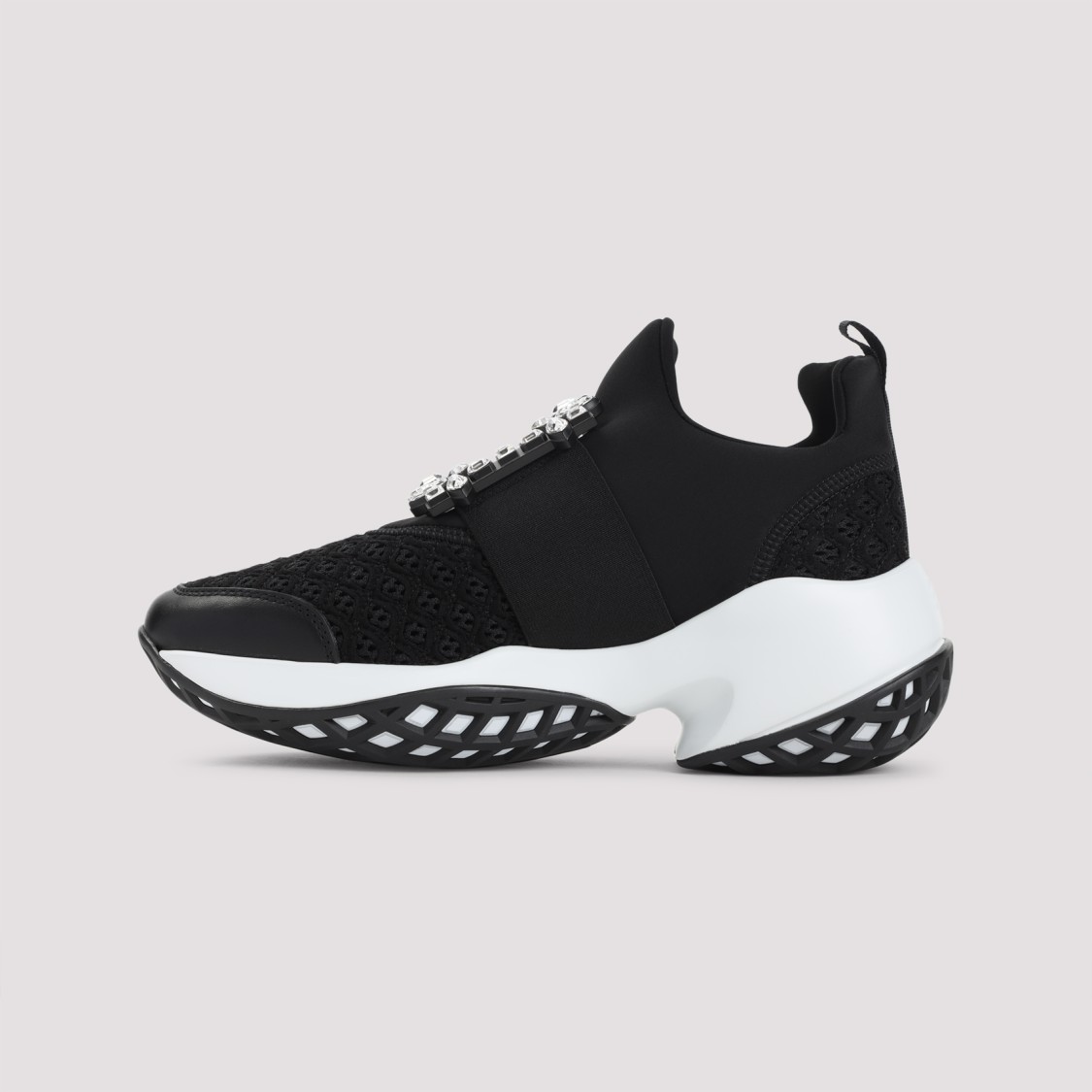 Roger Vivier Roger Viv Mesh Crystal Embellished Slip On Sneakers In Black Nylon