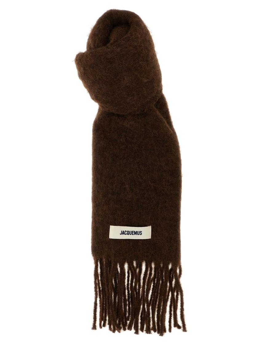 Jacquemus Carro Scarf With Soft Texture And Fringed Edges In Black