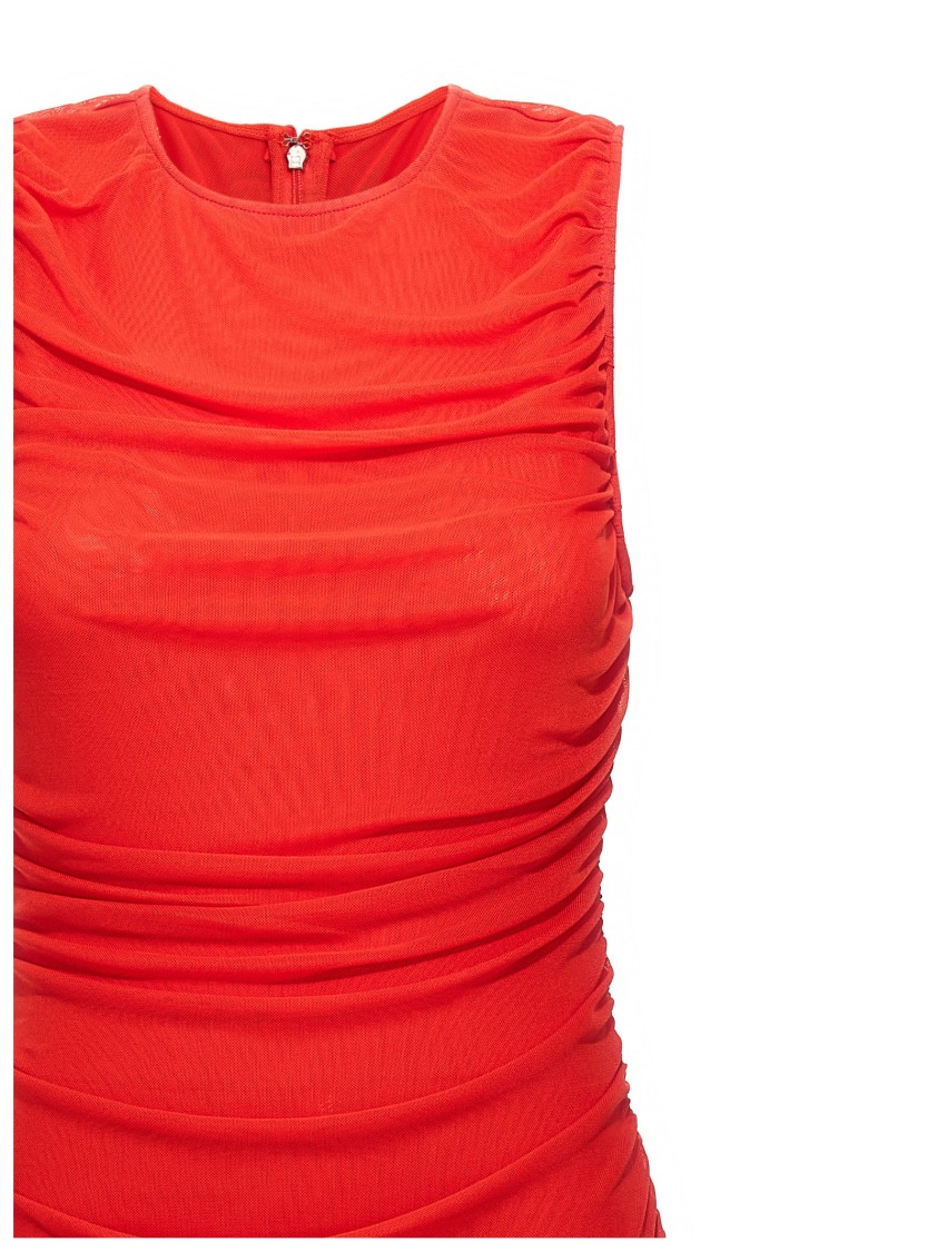 Rotate Birger Christensen Gathered Detail Mesh Midi Dress In Red