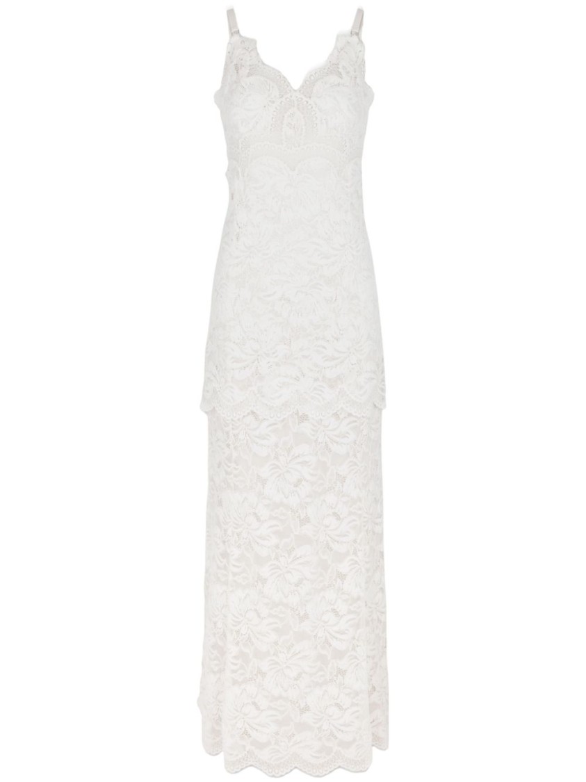 Rabanne Ivory White Long Dress With Lace-effect In Neutrals