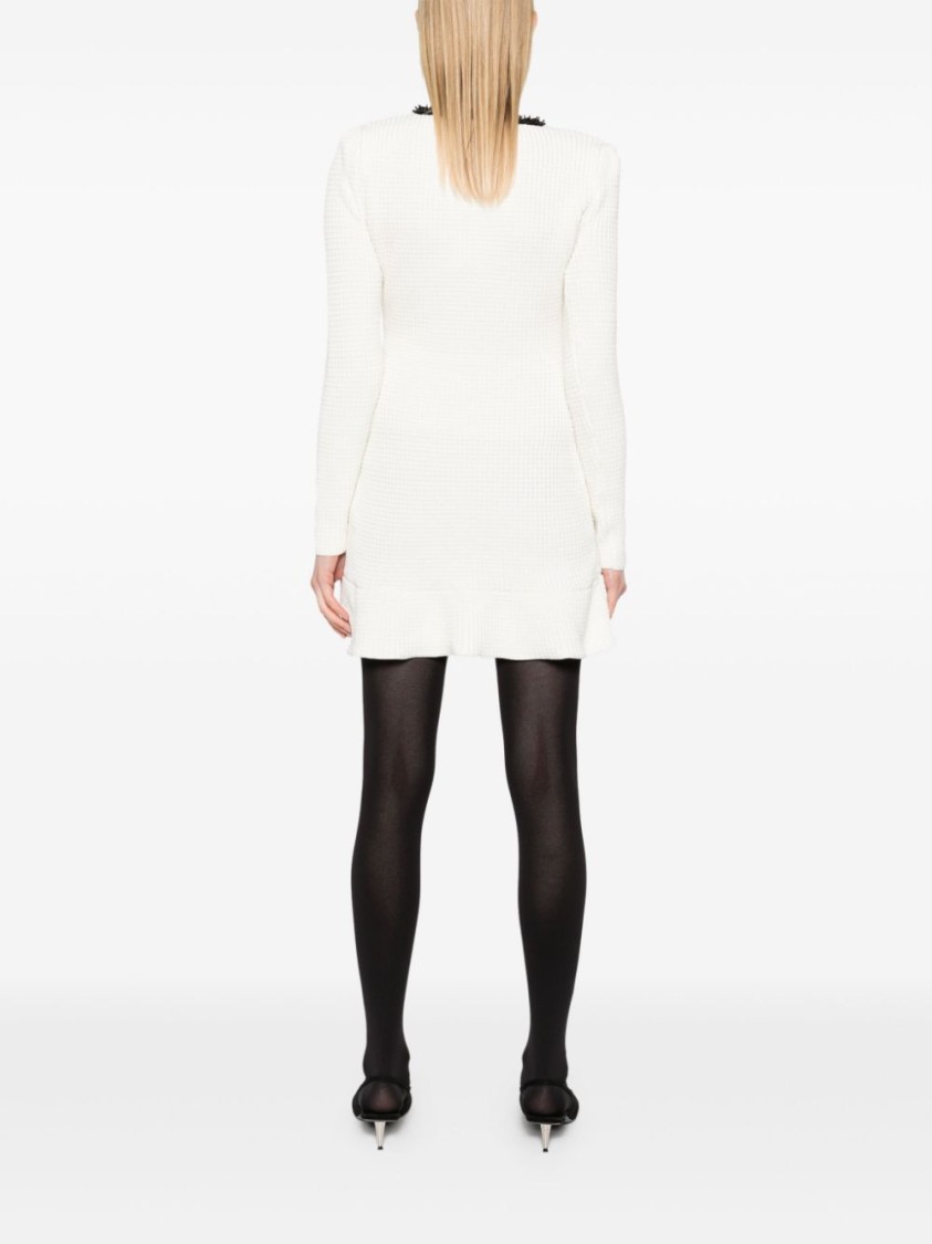 Self-portrait Textured White Dress With Beaded V-neckline In Neutral