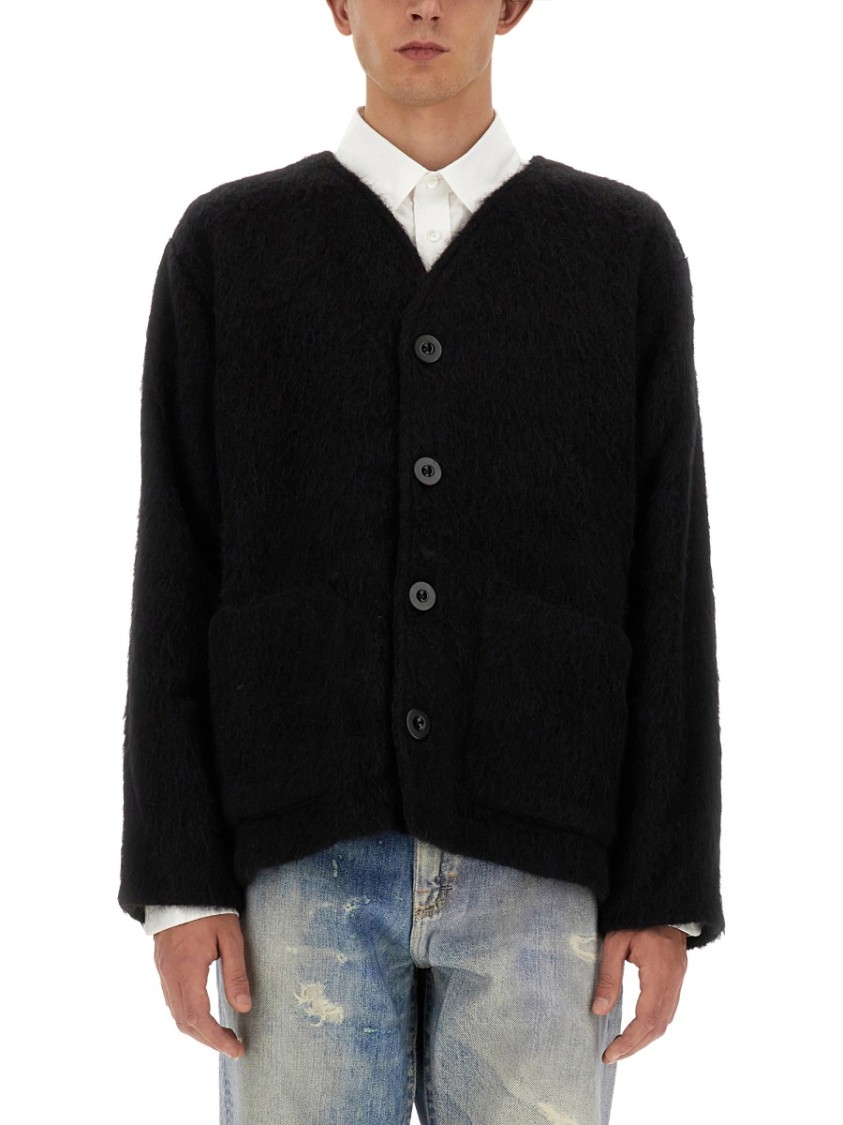 Our Legacy Textured V-neck Cardigan With Button-down Front In Black