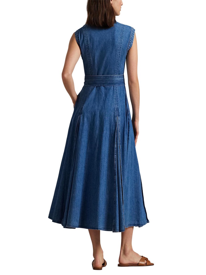 Polo Ralph Lauren Womens Indigo Belted Sleeveless Denim Midi Dress