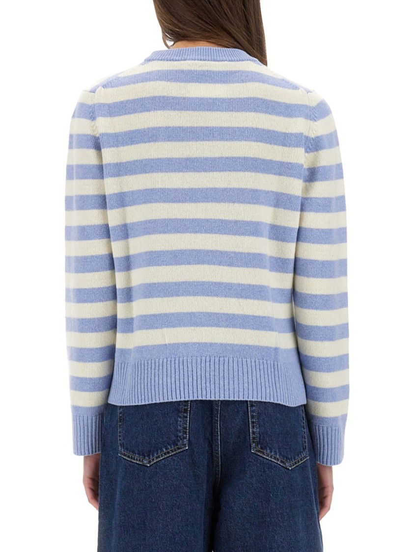 Ganni Light Blue Crewneck With Maxi Logo Print On The Front And All-over Striped Motif In Blue