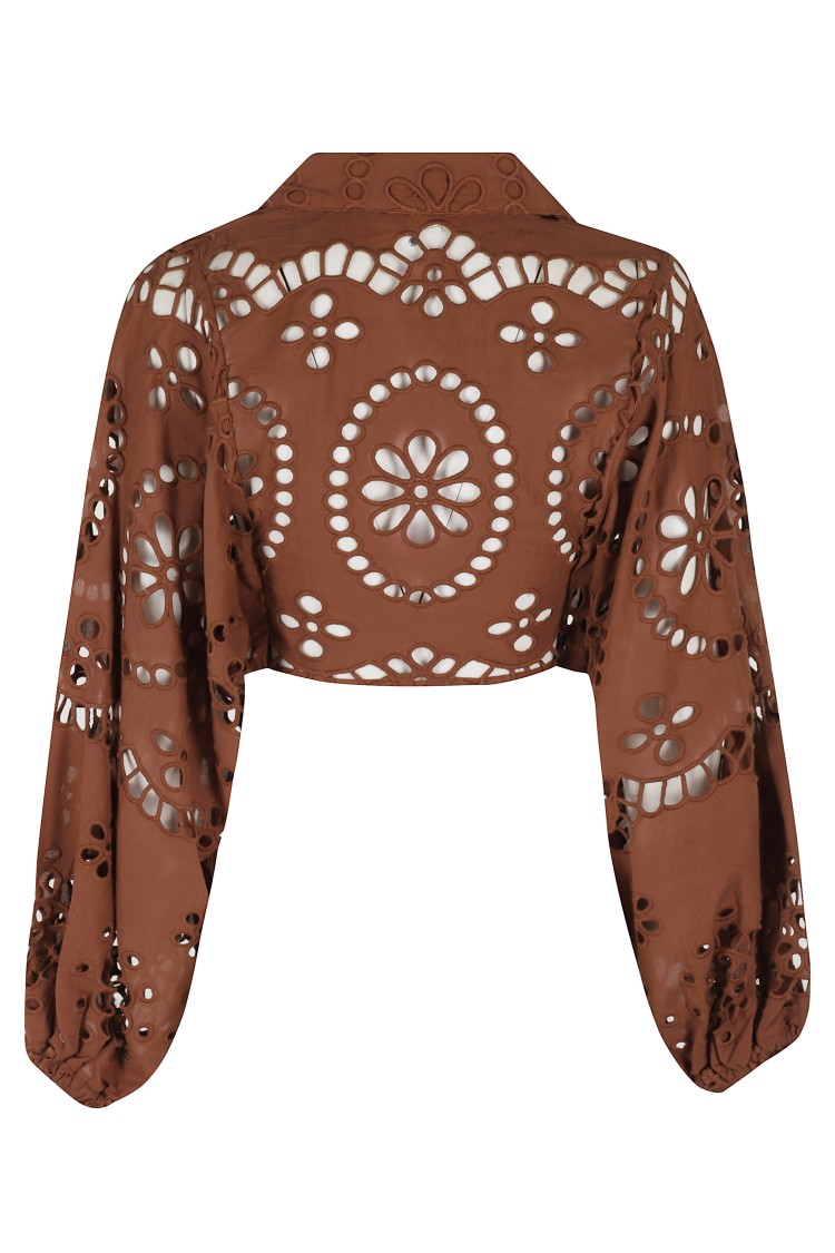 Mc2 Saint Barth Cropped Brown Lace Shirt With Pointed Collar