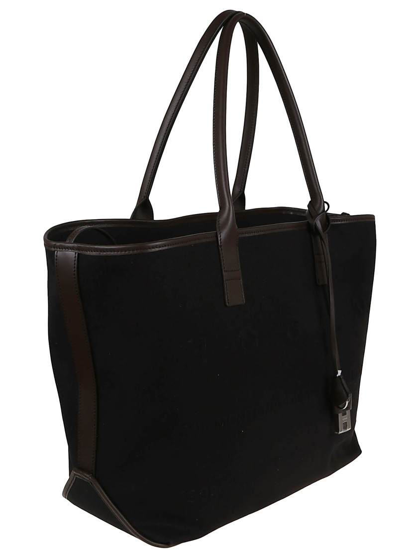 Hogan Spacious Black Leather And Canvas Shoulder Bag In Black