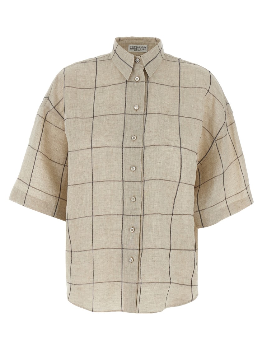 Brunello Cucinelli Linen Shirt With Micro-sequin Check Embroidery In Neutral