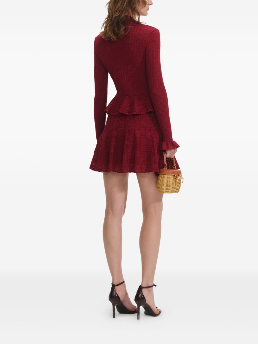 Self-portrait Burgundy Mini Dress With V-neck And Flared Hem In Red