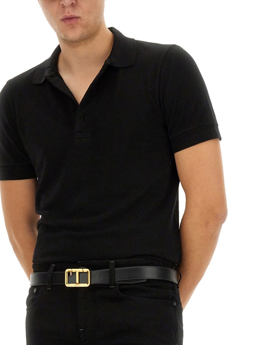 Tom Ford Black Short-sleeves Polo In Cotton Piquet Jersey Man In Black