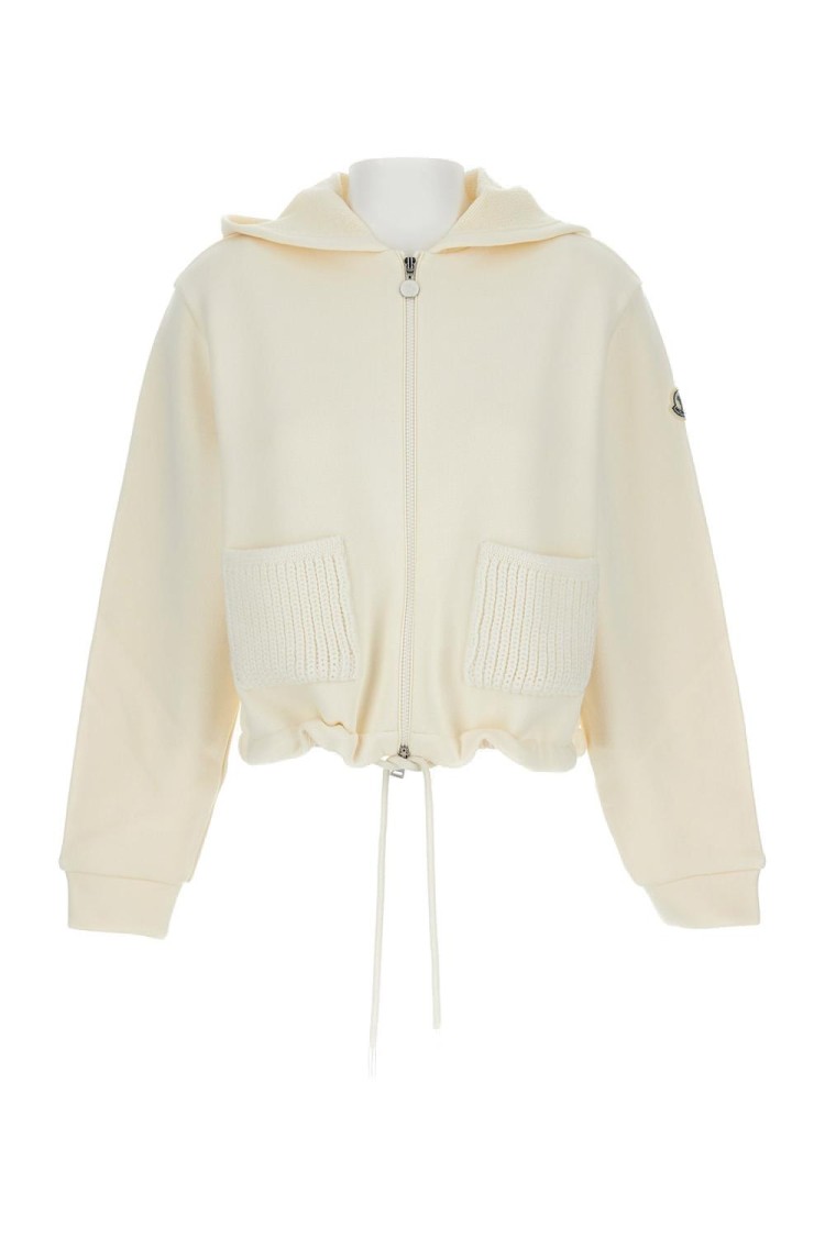Moncler Full Zip Hoodie With Adjustable Drawstring In Neutral