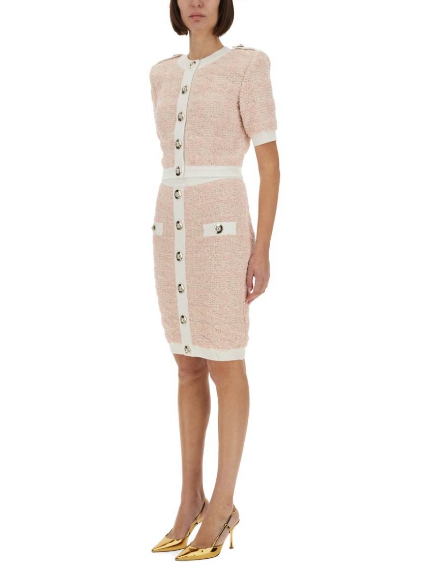 Balmain Cropped Textured Cardigan With Decorative Button Detail In Pink