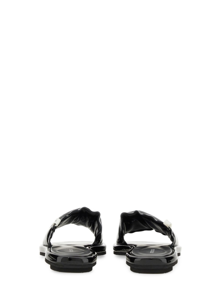 Shop Premiata Black Lamb Leather Slide Sandal With Glossy Finish