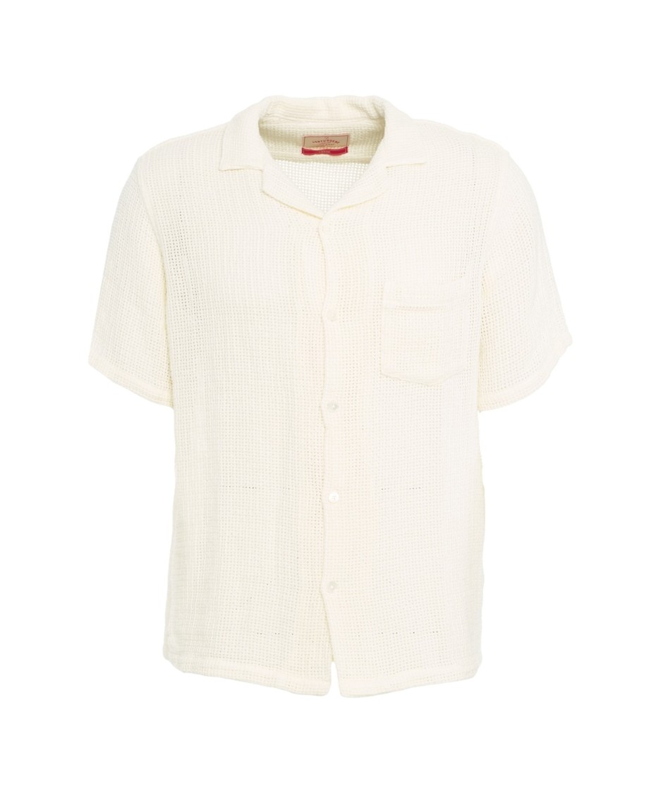 Shop Portuguese Short-sleeve Semi-transparent Crochet Shirt With Notched Lapels In Neutrals