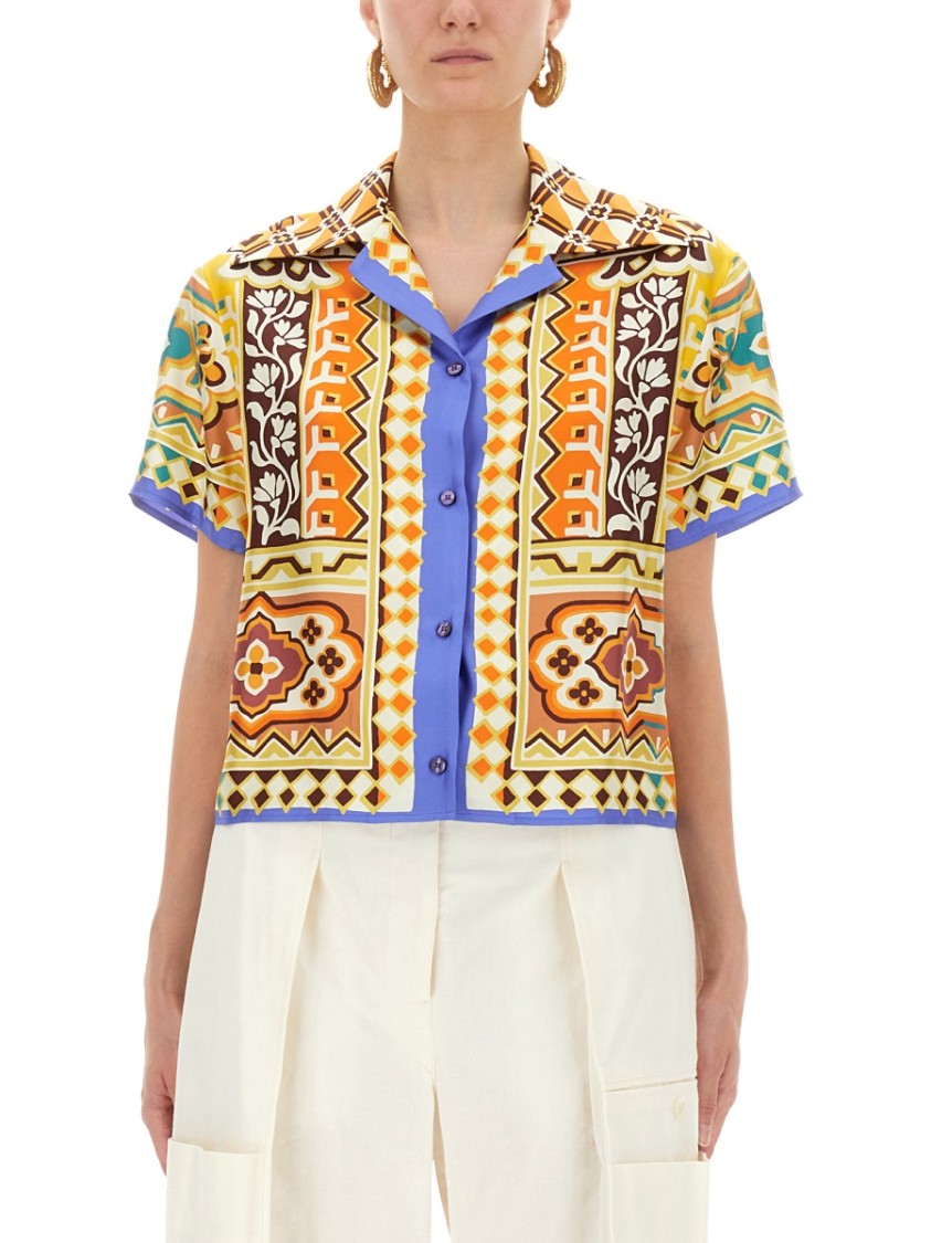 Etro Short Sleeve Collared Cropped Print Top In Multi