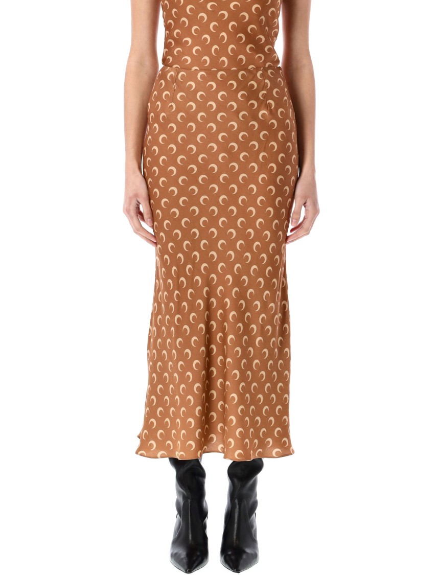 Marine Serre Printed High Waist Midi Skirt With Side Slit In Brown
