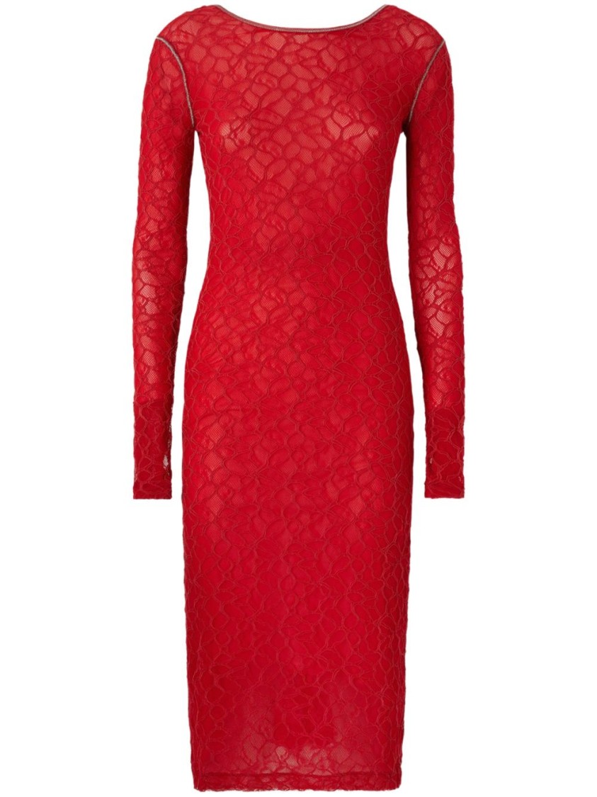Shop Pinko Semi-sheer Stretch Lace Midi Dress