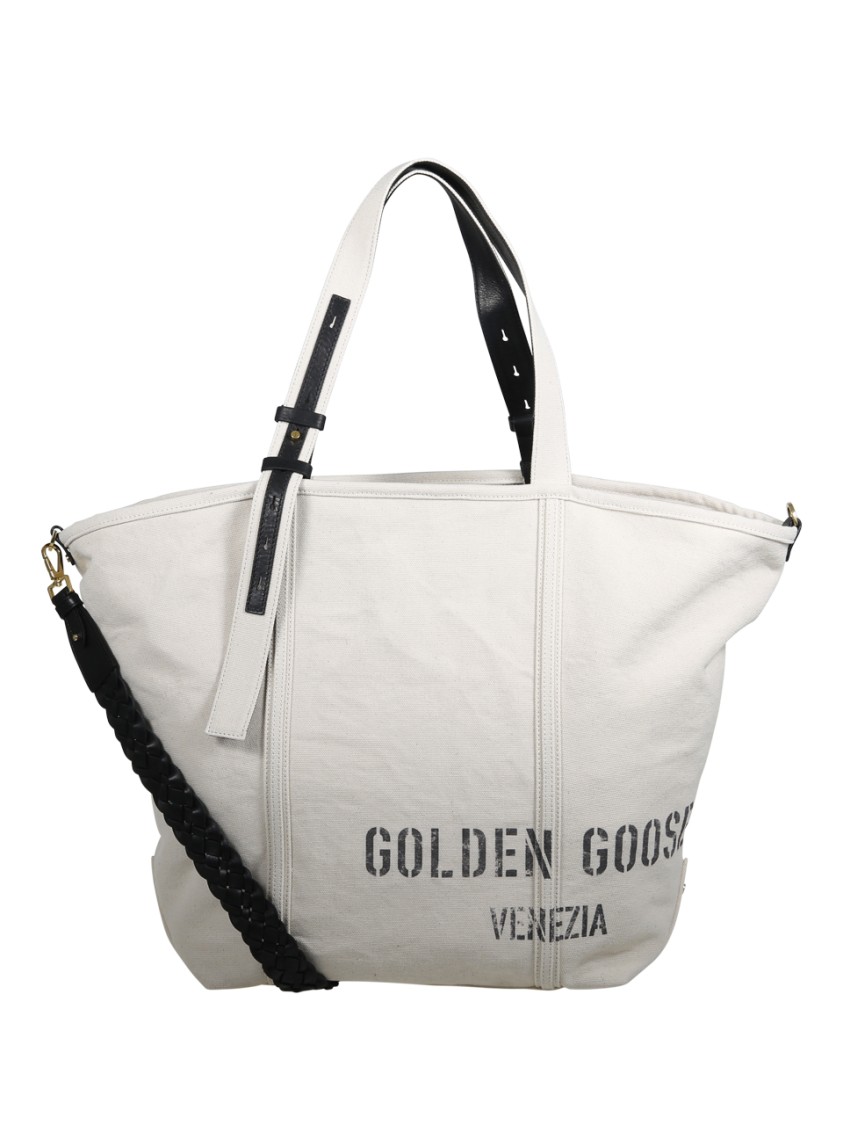 Golden Goose Spacious Beige Handbag With Dual Handles And Adjustable Strap In White