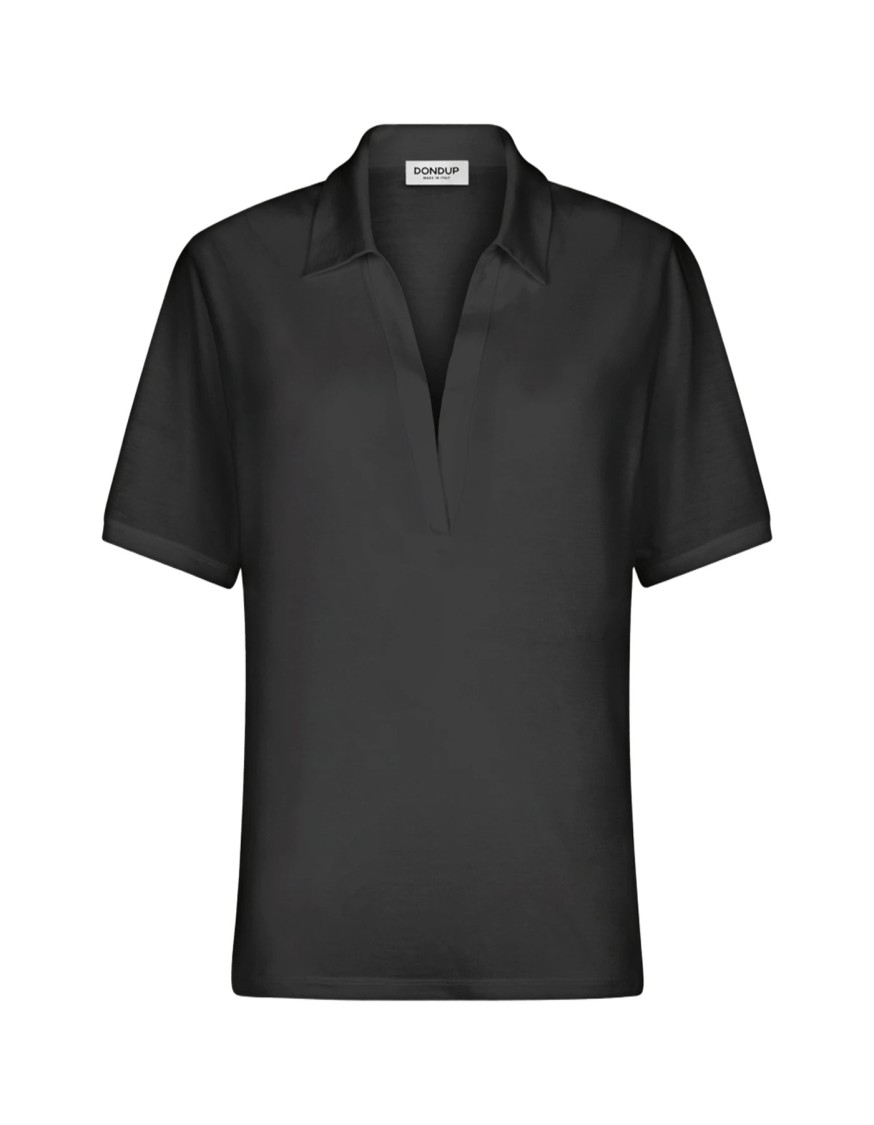 Dondup Deep V-neck Black Polo With Modal And Silk Blend