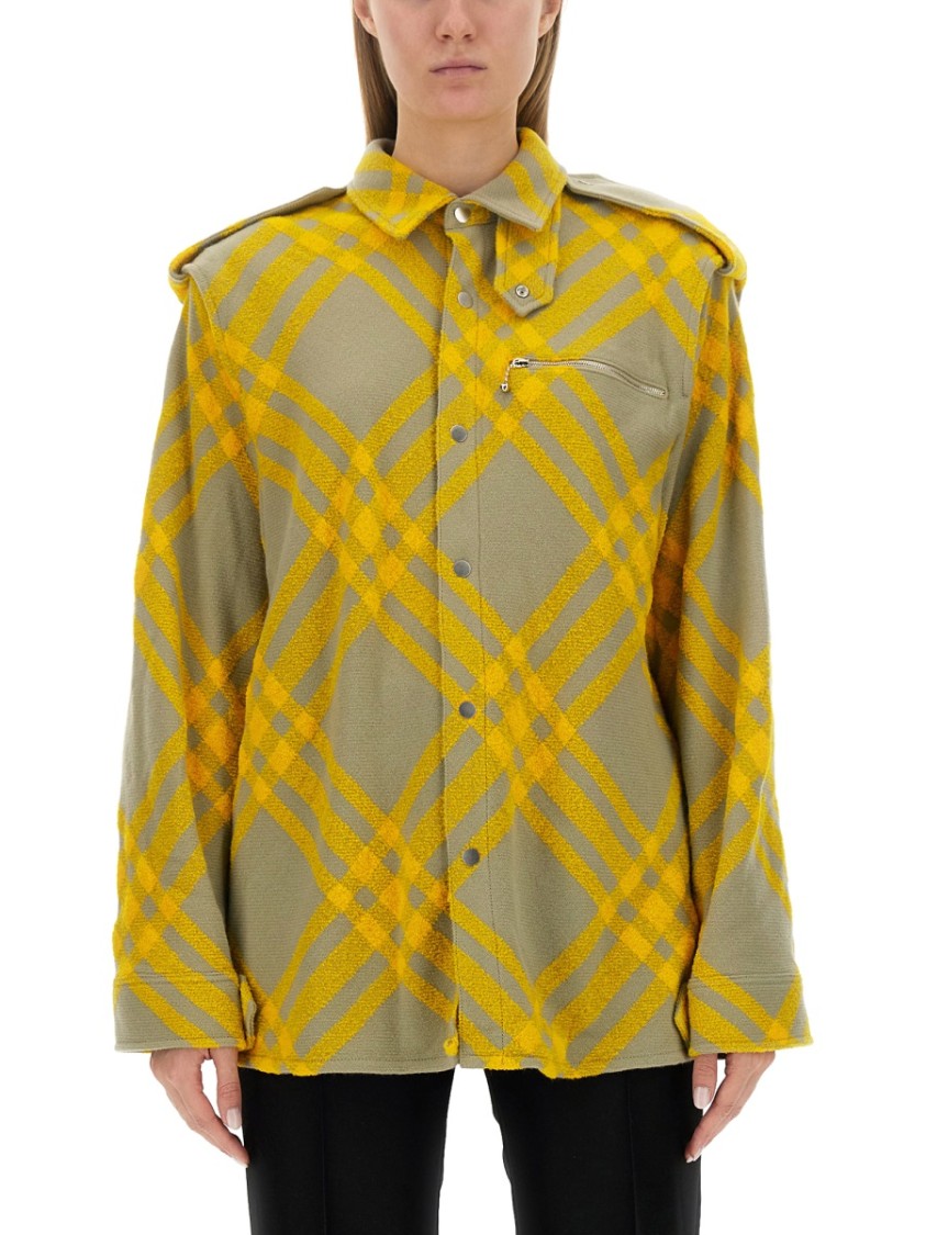 Burberry Zippered Chest Pocket Plaid Overshirt In Gold