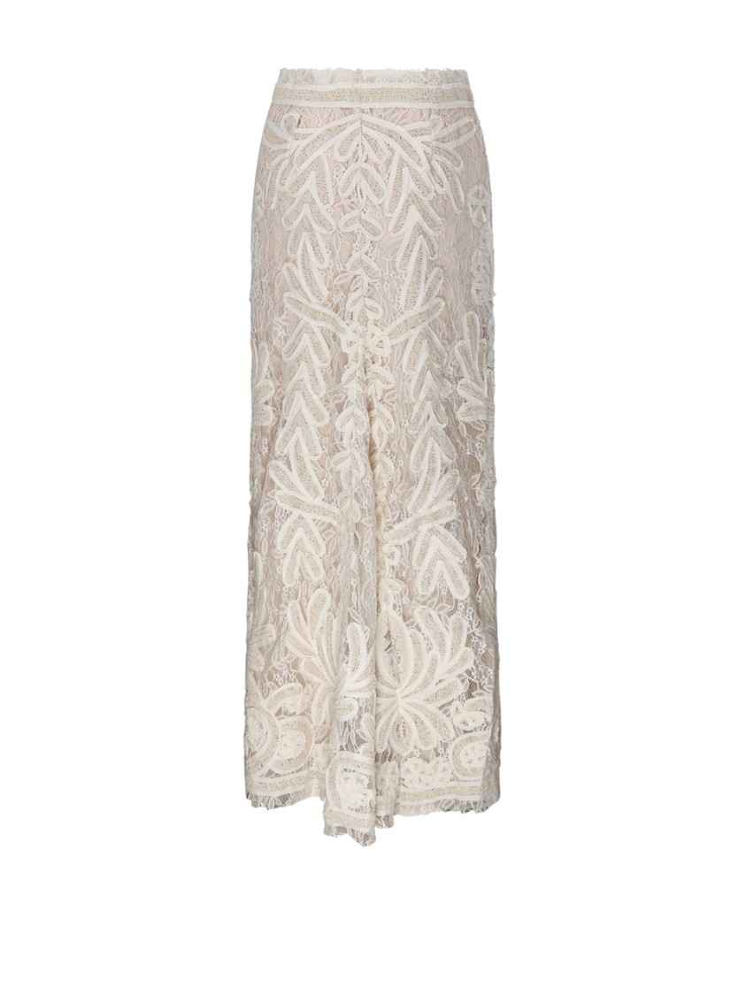 P.a.r.o.s.h Embroidered Lace Overlay Scalloped Sheer Skirt In Neutrals