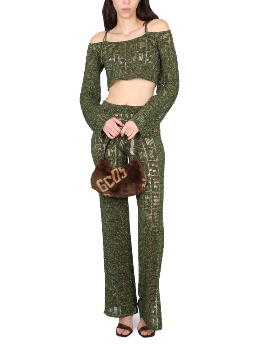 Gcds Cropped Geometric Knit Top With Long Sleeves In Green