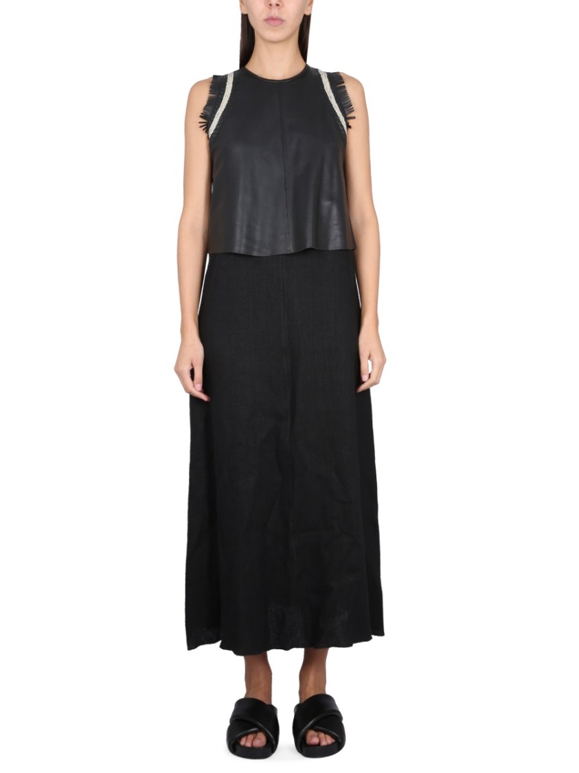 Alysi Sleeveless Leather And Linen Suit With Fringe Accents
