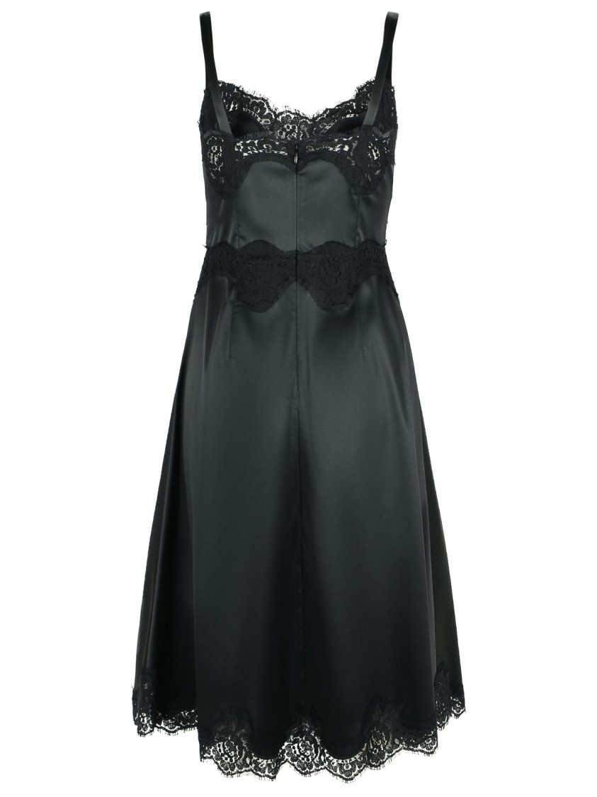 Dolce & Gabbana Lace Trim Satin Dress With Spaghetti Straps In Black