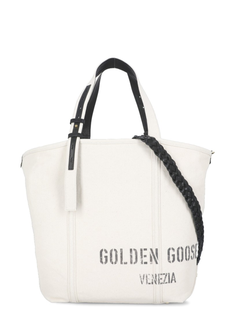 Golden Goose Spacious Beige Handbag With Dual Handles And Adjustable Strap In White